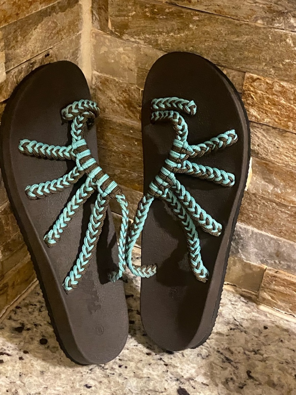 Plaka Brand Braided Aqua-Strap Brown Footbed Sandals